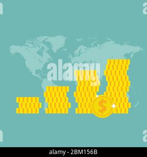 Stack of gold coins on world map background. Vector illustration in flat design. Stock Vector