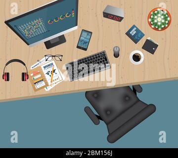 Business workspace top view. Office objects. Business planning and analyzing. Auditing concept. Stock Vector