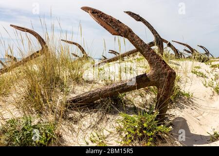 Tavira, Portugal. The Cemiterio das Ancoras (Anchor Cemetery), a major landmark in Praia do Barril beach in Ilha de Tavira island Stock Photo