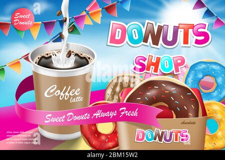 Delicious donut ads with latte coffee. Advertising for bakery shop or cafe. Chocolate donuts on blue background. Vector illustration Stock Vector