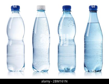 Collection of various bottles of water isolated on white background Stock Photo
