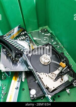 Electronic trash with various destroyed computer components. Stock Photo