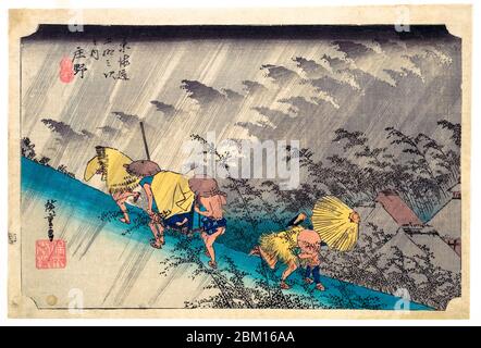 Utagawa Hiroshige, Sudden Shower at Shōno, from the series Fifty-three Stations of the Tōkaidō Road, woodblock print, 1834-1835 Stock Photo