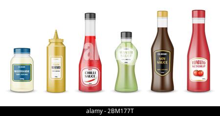Sauce bottles set. realistic glass bottle containers with ketchup, mayonnaise, mustard, hot chilli and soy sauces. Condiment plastic packaging for Stock Vector