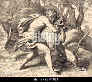 Samson Slaying the Lion, Old Testament, by Julius Schnorr von Carolsfeld, 1860 Stock Photo