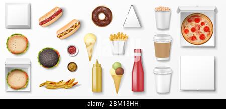 Realistic fast food mockup set, top view for restaurant snack menu. Donut, ice cream, hamburger, pizza, hotdog, fry potato, popcorn, ketchup template Stock Vector