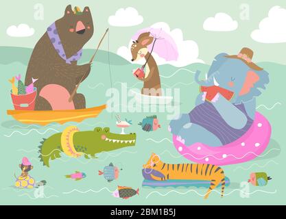 Cute animals resting on river. Happy summer Stock Vector