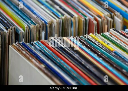 Collection of old vintage vinyl turntable record lp's albums in its covers. With sleeves. Stock Photo