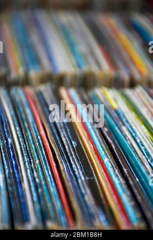Collection of old vintage vinyl turntable record lp's albums in its covers Stock Photo