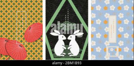 Oriental Japanese style abstract pattern background design geometry seamless backdrop and plum blossom cute rabbit red paper umbrella Stock Vector