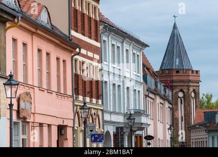 Brandenburg, Germany. 30th Apr, 2020. Residential and commercial buildings in the street at Neustädtischer Markt. In the background is the Neustädtischer Mühlentorturm. Credit: Soeren Stache/dpa-Zentralbild/ZB/dpa/Alamy Live News Stock Photo