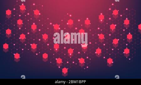 Hexagons abstract grid with connected lines and dots. Embossed hexagons grid background. Hex digital pattern with subtle polygons. Linear geometric te Stock Vector