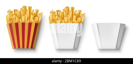 Potatoes French fries in paper box, isolated. Realistic Package Box with fry french potato and empty. Fast food banner. vector illustration Stock Vector