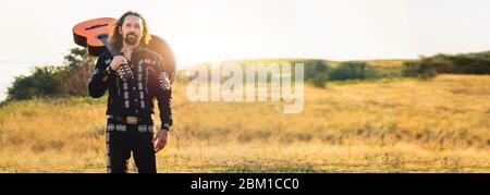 Mexican musician play guitar. Stock Photo