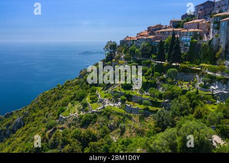 Aerial view of medieval village of Eze, on the Mediterranean coastline landscape and mountains, French Riviera coast, Cote d'Azur. France. Stock Photo