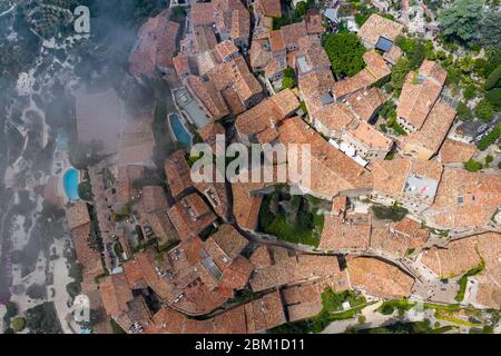 Aerial view of medieval village of Eze, on the Mediterranean coastline landscape and mountains, French Riviera coast, Cote d'Azur. France. Stock Photo