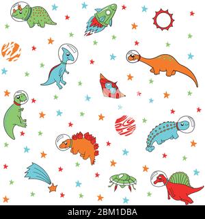 cute dinosaur astronauts in space with spaceships and planets, multicolored on white background, seamless vector pattern. children's, for fabric Stock Vector