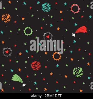 space seamless vector pattern on a dark background with green, red, orange planets and stars. for printing on fabric, for children Stock Vector
