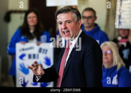 Labour shadow health secretary Jonathan Ashworth MP speaks at an event in Batley, West Yorkshire, to launch the party's policy on healthcare and the N Stock Photo