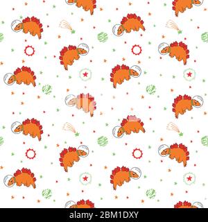 cute dinosaur astronauts in space with spaceships and planets, multicolored on white background, seamless vector pattern. children's, for fabric Stock Vector