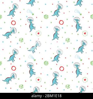 cute dinosaur astronauts in space with spaceships and planets, multicolored on white background, seamless vector pattern. children's, for fabric Stock Vector