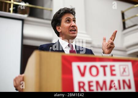 Labour MP and former Labour leader Ed Miliband at a meeting in Sheffield, South Yorkshire, during the run up to the EU referendum Stock Photo