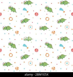 cute dinosaur astronauts in space with spaceships and planets, multicolored on white background, seamless vector pattern. children's, for fabric Stock Vector
