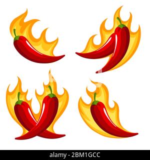 Set of  Red Chili Peppers Emblems on Fire isolated on white. Vector illustration. Stock Vector