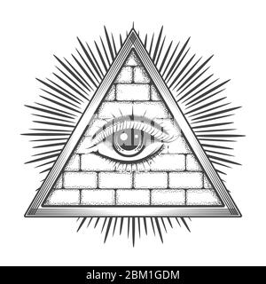 All Seeing Eye in Pyramid drawn in Tattoo style. Freeason Esoteric Symbol isolated on white. Vector illustration. Stock Vector