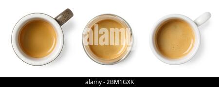 Set of three various espresso cups isolated on white background. Top view Stock Photo