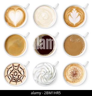 Set of different coffee types isolated on white background, top view Stock Photo