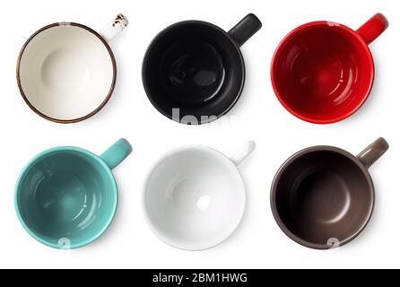 Set of various colorful empty cups isolated on white background, top view Stock Photo