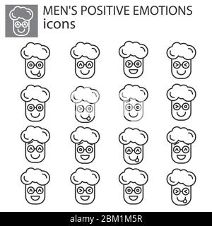 positive emotions set vector boy, man linear icon. positive facial expression emoticon vector sign, symbol black on white background Stock Vector