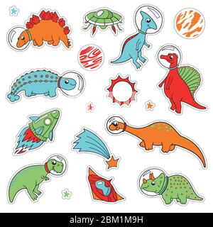 cute cartoon colored variety of dinosaurs astronauts stickers with outline for cutting, vector. Tyrannosaurus, Diplodocus, stegosaurus, Triceratops Stock Vector
