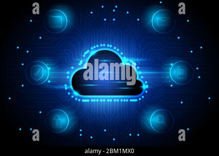 Concept cloud computing technology background with circuit pattern, sparkle effect and glowing icon. Stock Vector