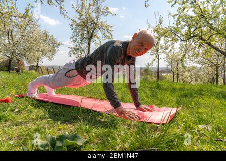 Elderly man standing in plank position on grass. Muscular sportsman leaning on hands, horizontal position. Stock Photo