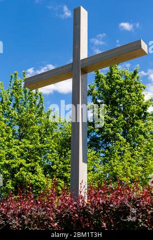 Outdoor crucifix Religious symbols. Christian faith. Catholic cross by the road. Stock Photo