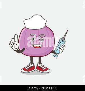 An illustration of Fig Fruit cartoon mascot character as nurse with medical syringe Stock Vector