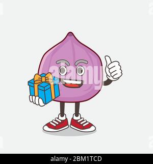 An illustration of Fig Fruit cartoon mascot character with gift Stock Vector