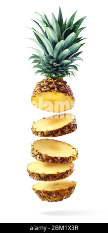 Flying fresh ripe pineapple slices isolated on white background Stock Photo