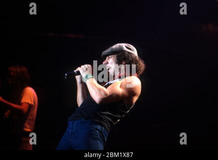 DETROIT - NOVEMBER 17: Brian Johnson, lead singer for AC/DC, performs during the Flick of the Switch/Monsters of Rock tour, on November 17, 1983, in Detroit, Michigan. (Photo by Ross Marino/Rock Negatives) Stock Photo