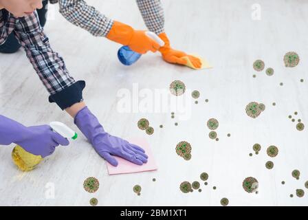 Cleanup against infection. Unrecognizable people in rubber gloves washing floor, collage with germs and microbes Stock Photo