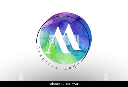 Watercolor AA A Letters Logo Design with Blue Green Purple Colors and Circular Brush Pattern. Stock Vector