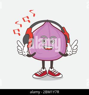 An illustration of Fig Fruit cartoon mascot character Listening music on a headset Stock Vector