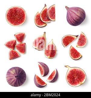 Set of fresh whole and sliced figs isolated on white background, top view Stock Photo