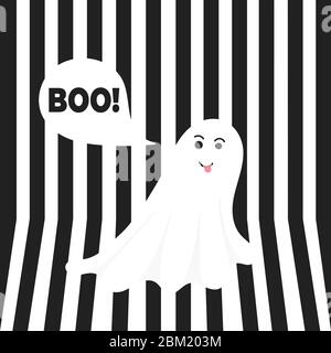 Boo ghost halloween message concept. Flying halloween funny spooky ghost character say BOO with text space in the speech bubble vector illustration is Stock Vector