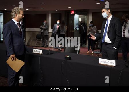 Washington, United States. 06th May, 2020. Sen. Rand Paul, R-Ky., talks with Justin Reed Walker before a Senate Judiciary Committee hearing on Walker's nomination to be United States Circuit Judge for the District of Columbia Circuit, on Capitol Hill in Washington, DC on Wednesday, May 6, 2020. Pool photo by Caroline Brehman/UPI Credit: UPI/Alamy Live News Stock Photo