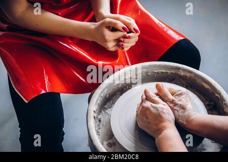 Workshop on clay modeling on potter wheel Stock Photo