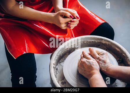 Workshop on clay modeling on potter wheel Stock Photo