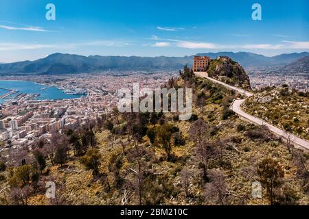 Panoramic view of city Palermo, Sicily, Italy. Winding climb park Belvedere of Monte Pellegrino Stock Photo